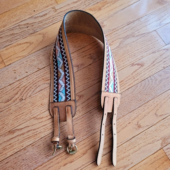 Anthropologie Brown Leather Belt Embroidered double buckle - Picture 3 of 11